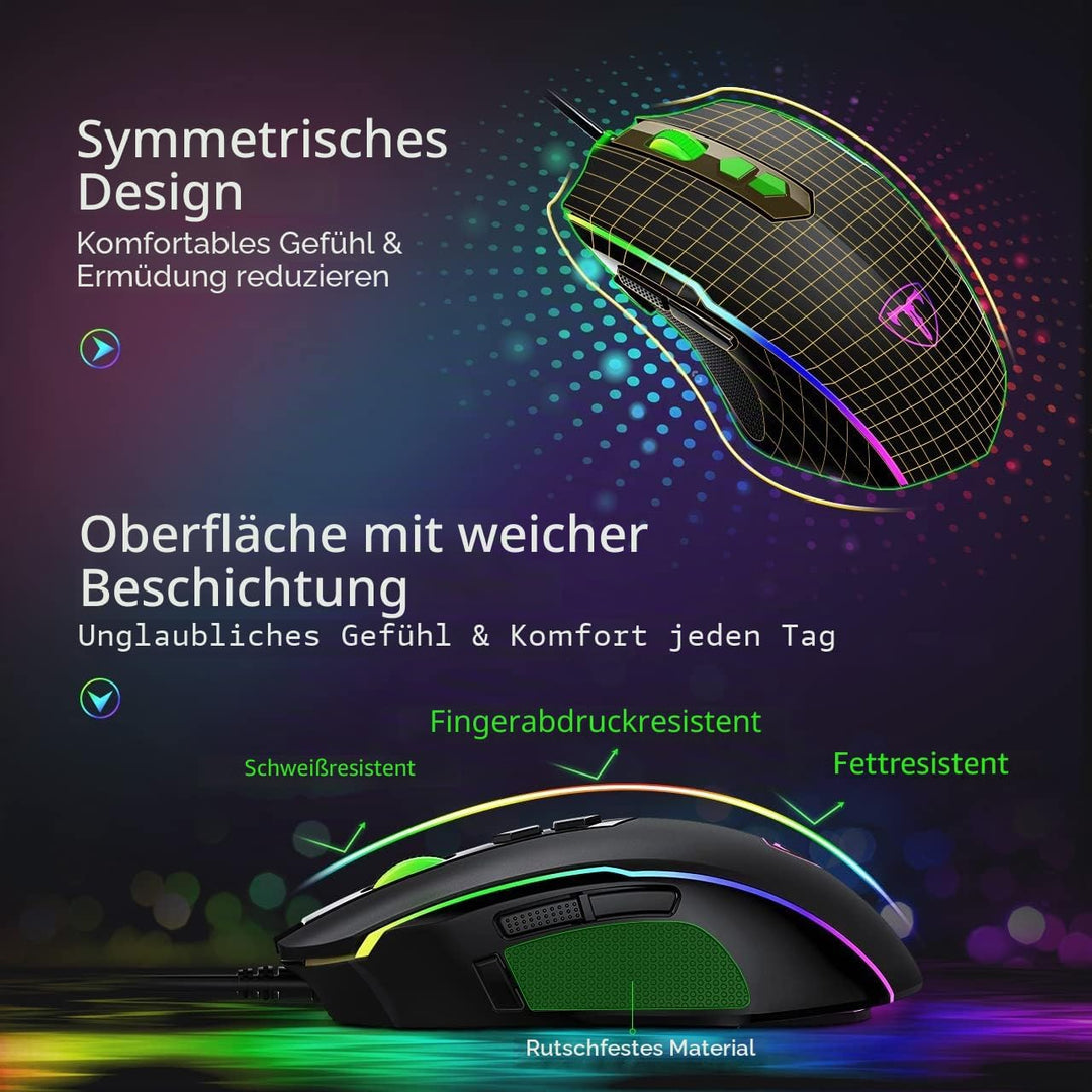 VIVIJO Gaming-Maus, kabelgebunden, hohe Leistung, Gaming-Maus mit 7200 dpi, verstellbar, RGB, 8 prog