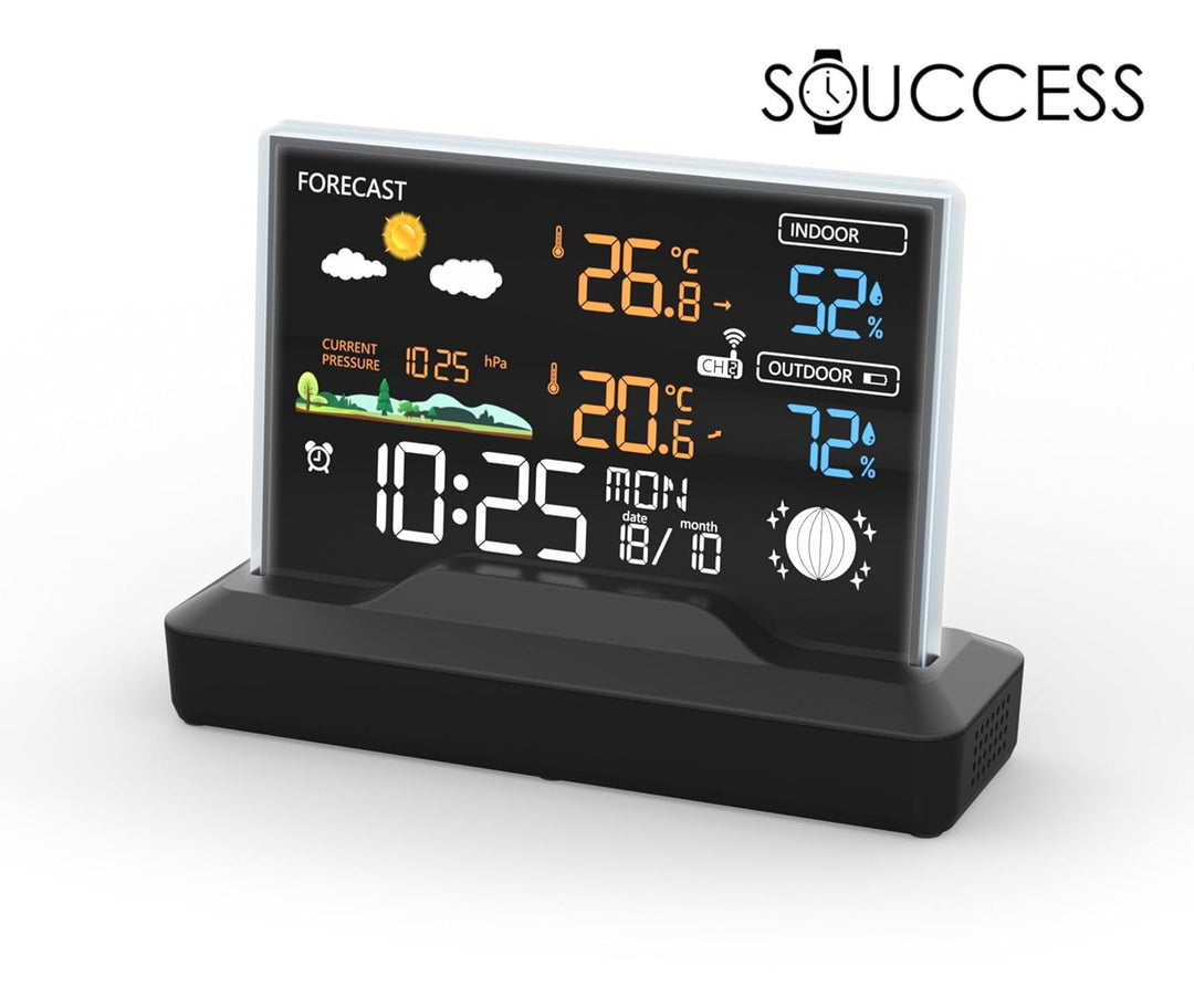 SOUCCESS FUNK-WETTERSTATION "DELUXE" - FARBIGE WETTERSTATION MIT FUNKUHR, WETTERDATEN, AUSSENSENSOR,