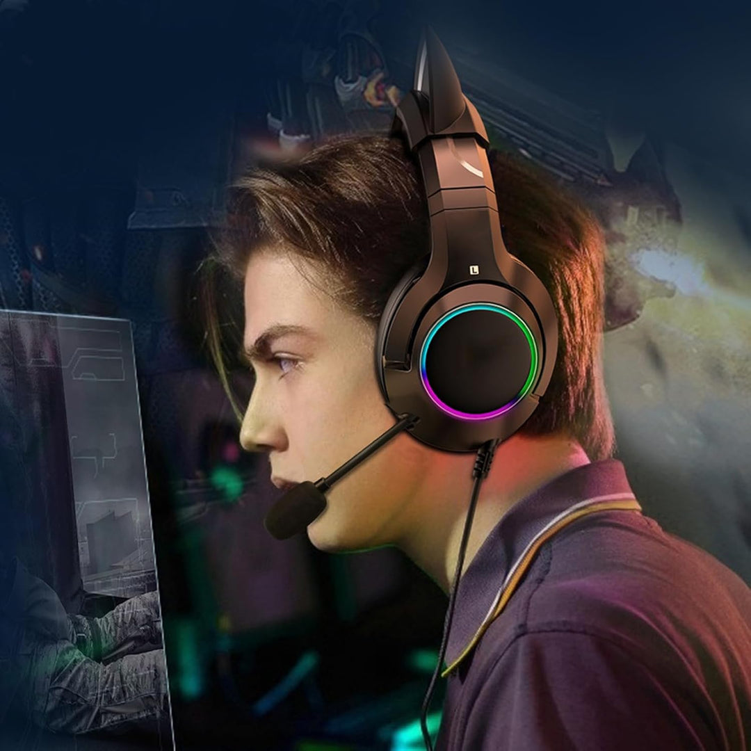 Gaming-Headset mit Mikrofon, abnehmbare Katzenohr-Kopfhörer, Katzenohr-Design mit RGB-Beleuchtung, V