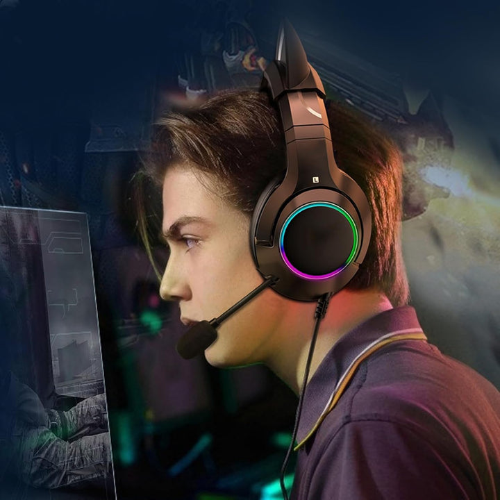 Gaming-Headset mit Mikrofon, abnehmbare Katzenohr-Kopfhörer, Katzenohr-Design mit RGB-Beleuchtung, V