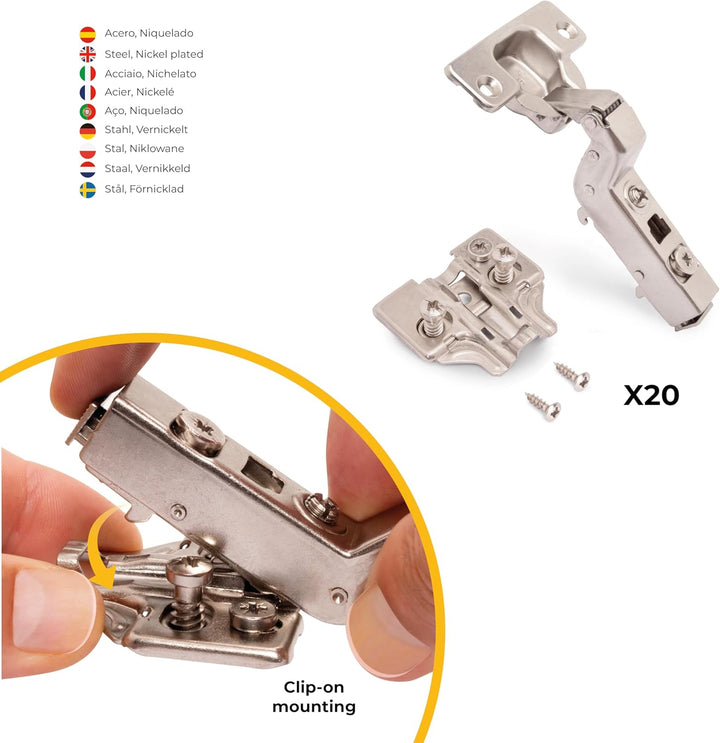 Emuca 1011807 Pack aus 20 Topfscharnieren Ø35mm 100° mit sanftem Verschluss für aneinanderstossende