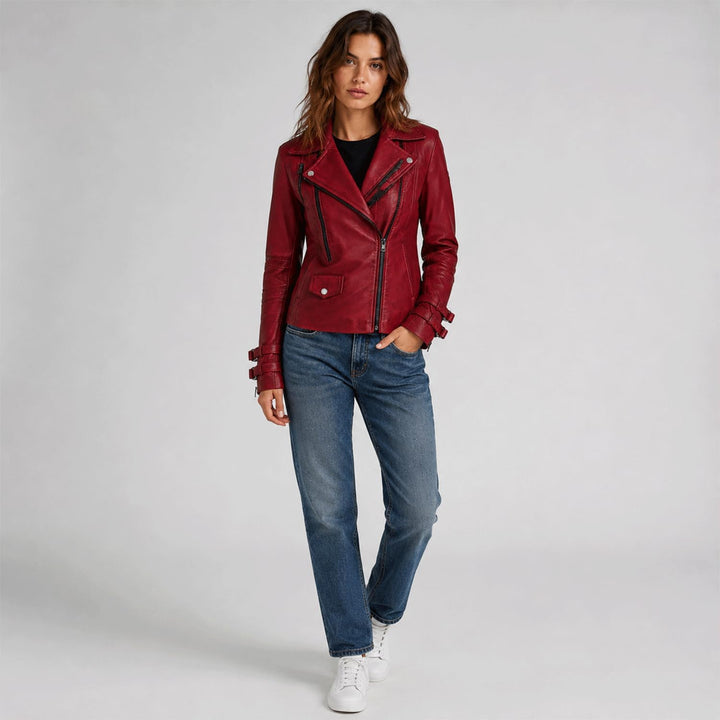 Bluepiel Poula Damen Lederjacke - Modernen Biker-Look - Echt Leder Jacke Rot Tailliert mit Reverskra