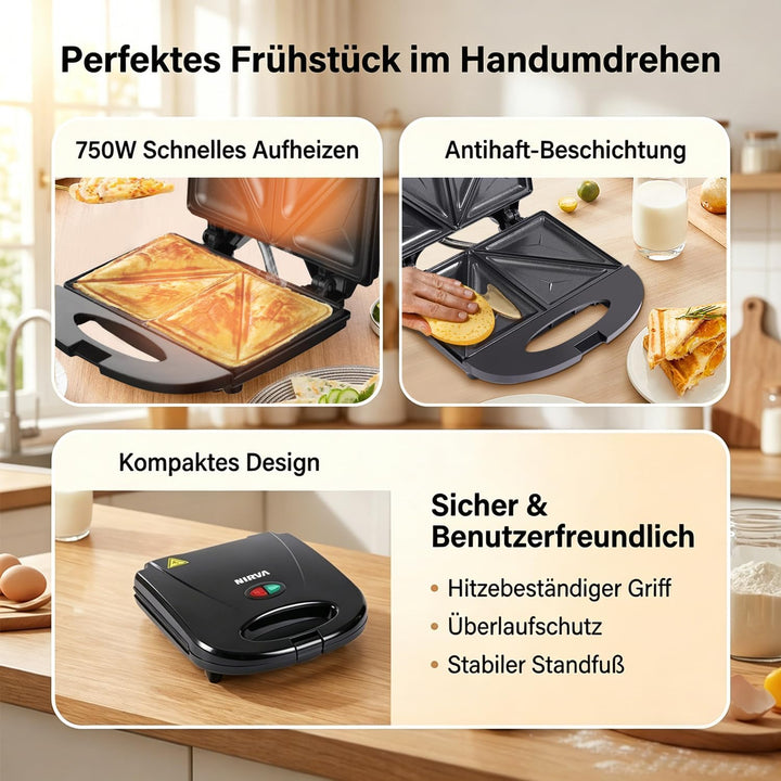 NIRVA 750W Sandwichtoaster für 4 Sandwiches, Sandwichmaker mit Antihaftbeschichtung, Sandwich Maker