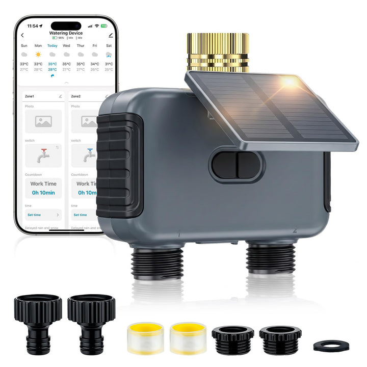 Mcbazel Solares Bewässerungscomputer mit 2 Ausgängen, WLAN-Bewässerungsuhr mit Solar &amp; USB-C-Aufladu