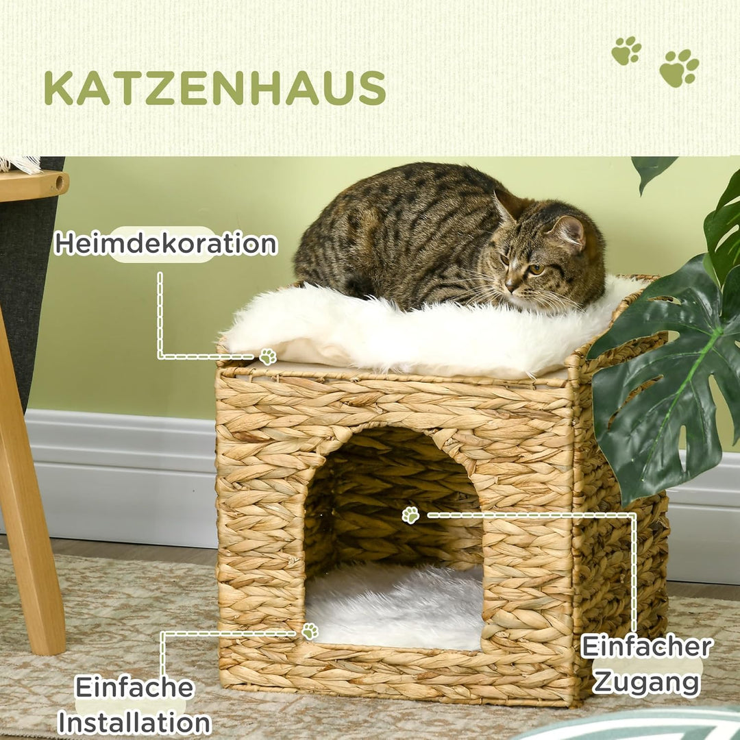 PawHut Rattan Katzenhaus, Katzenhöhle mit Kissen, Katzenbett mit 2 Ebenen, Katzenkorb, Katzenhütte f