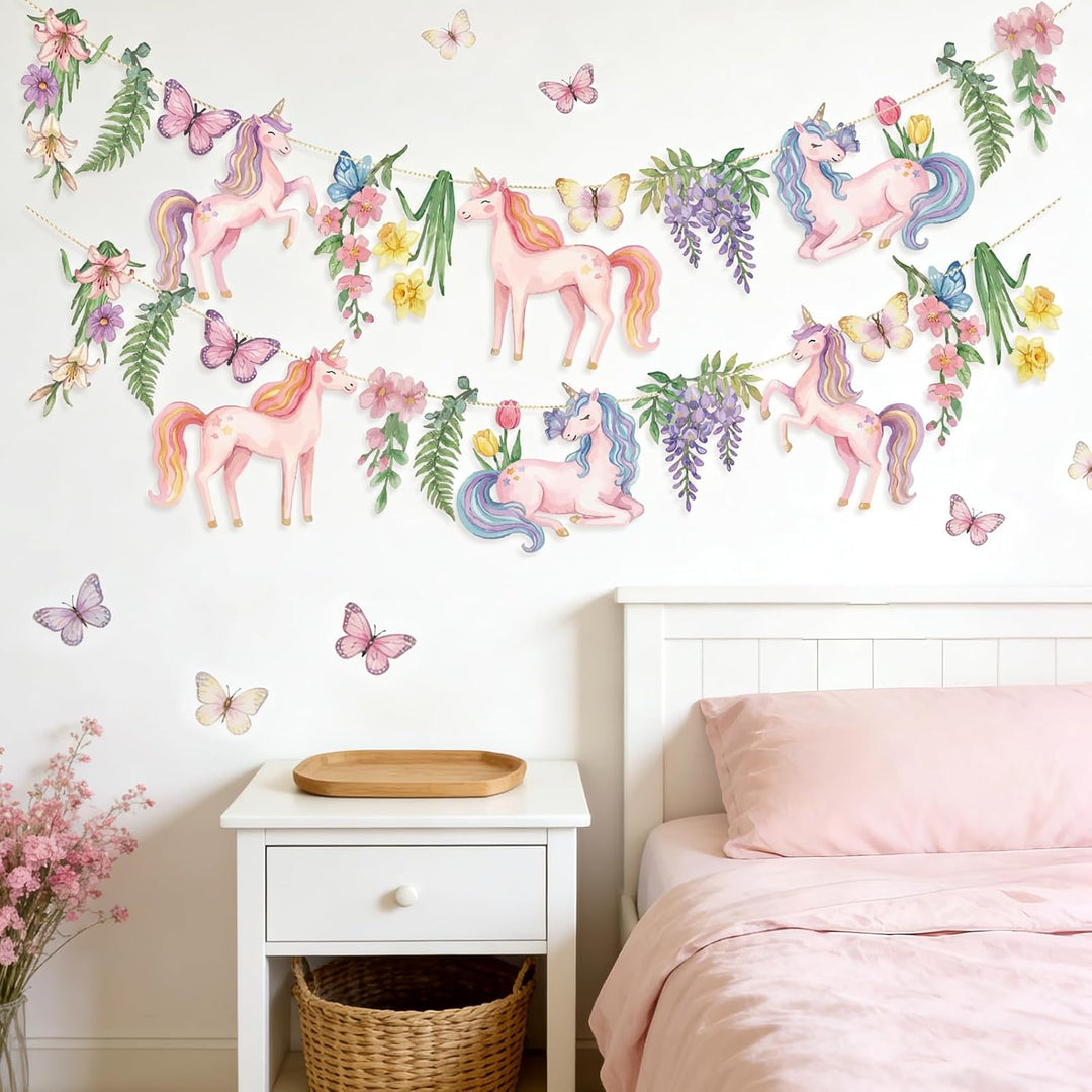 Easy Joy Magische Einhorn-Party-Girlande, rosa blumige Papierfahnen mit Schmetterlingen und Blumen,