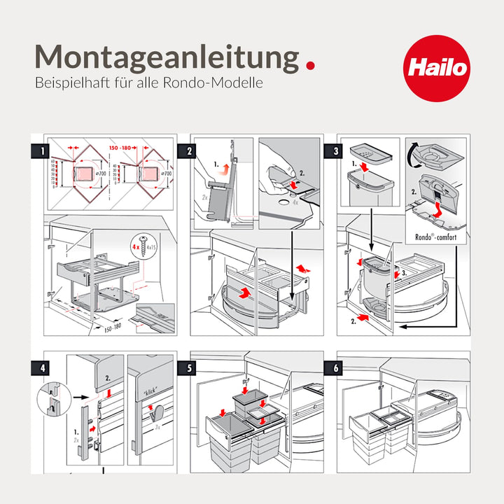 Hailo Abfallsammler Rondo 3646131 | Eckabfallsammler 3fach für 90x90 Eckunterschrank | 2x 8.5 + 18 L