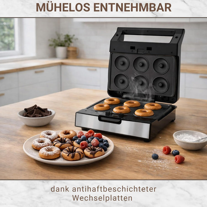 Syntrox Donut Maker mit Wechselplatten, Edelstahl, schnelles Aufheizen, Antihaftbeschichtet, verschi