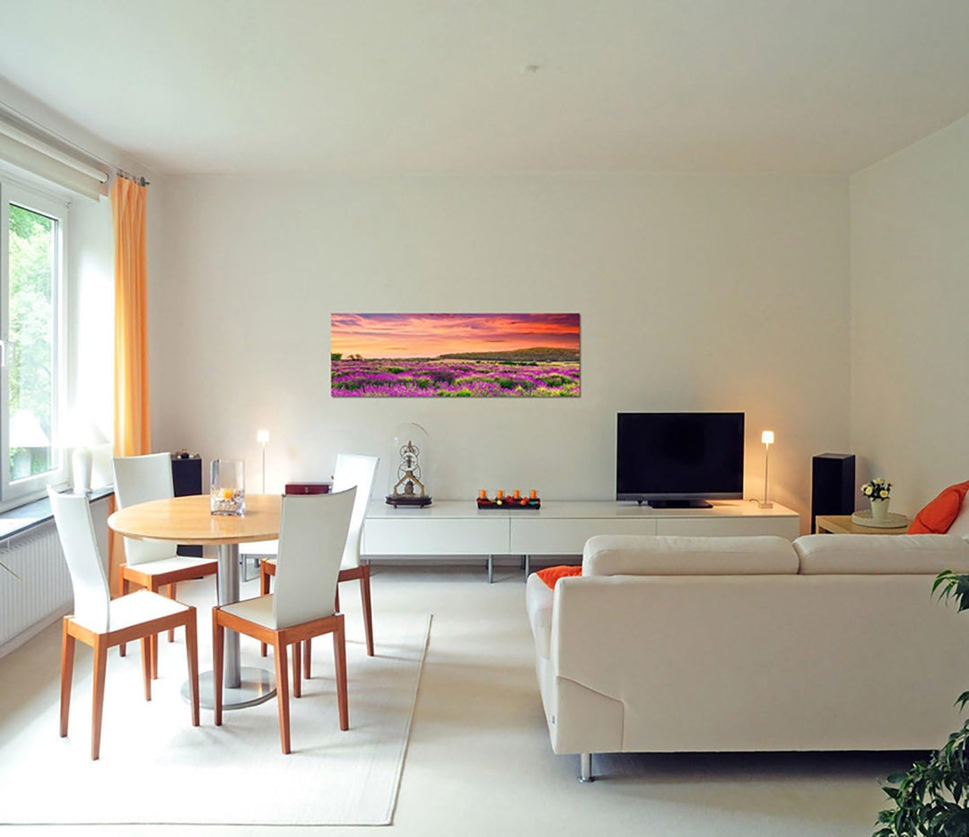 Paul Sinus Art Panoramabild auf Leinwand und Keilrahmen 150x50cm Lavendelfeld Sommer Sonnenuntergang