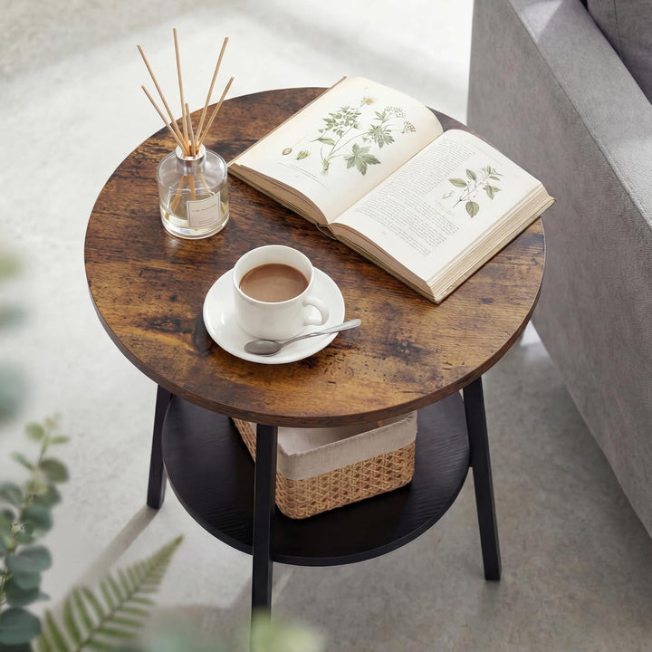 Beistelltisch Rund, Couchtisch Klein mit 2 Etagen, Runder Holz Beistelltisch im Vintage Stil, Rustik