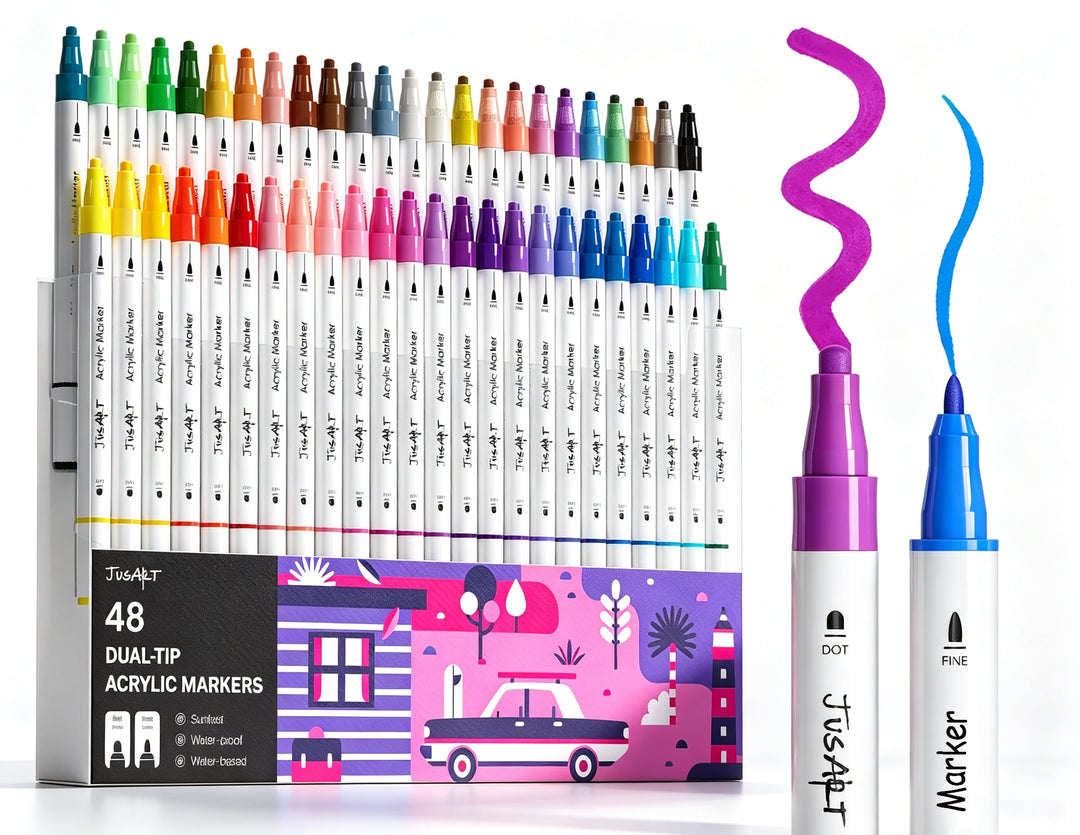 JusArt Acrylstifte für Steine Wasserfest 48 Farben Acryl Marker mit Punkt und Feinspitze für Steine
