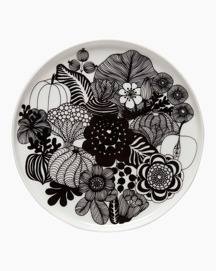 Marimekko - Teller, Kuchenteller, Frühstücksteller - Oiva-Siirtolapuutarha - Keramik - weiss/schwarz
