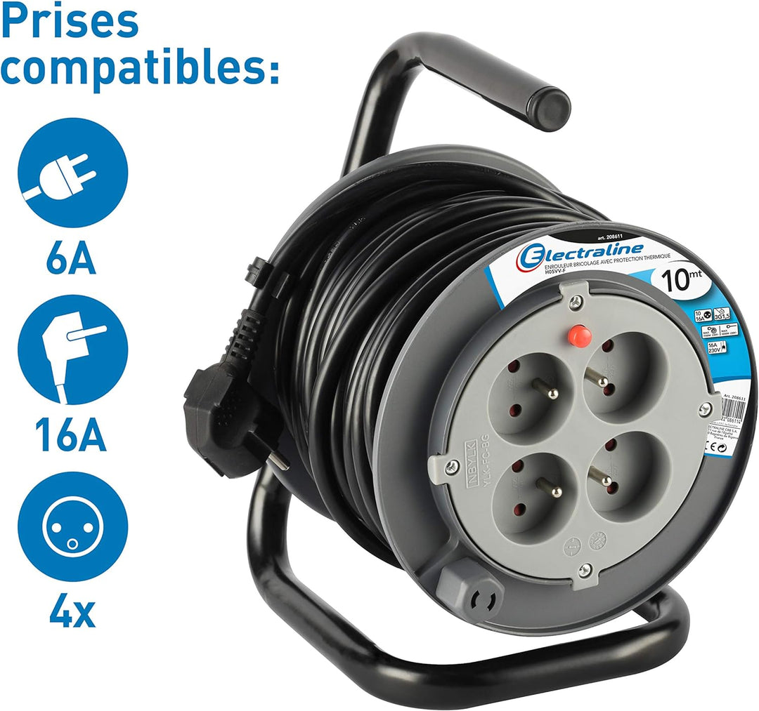 Electraline 208611 PROLONGATEUR Elektrische 10 m mit Kabeltrommel (Stromkabel, 4 Steckdosen 16 A Abs