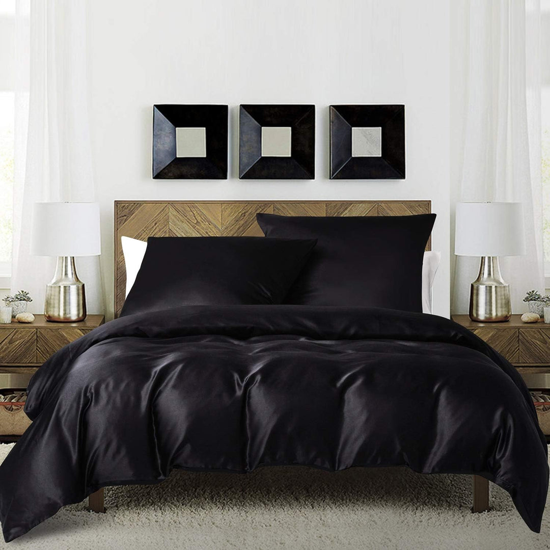 Boqingzhu Satin Bettwäsche Schwarz Uni 200x220cm Glänzend Seide Glanzsatin Bettbezug mit Reissversch