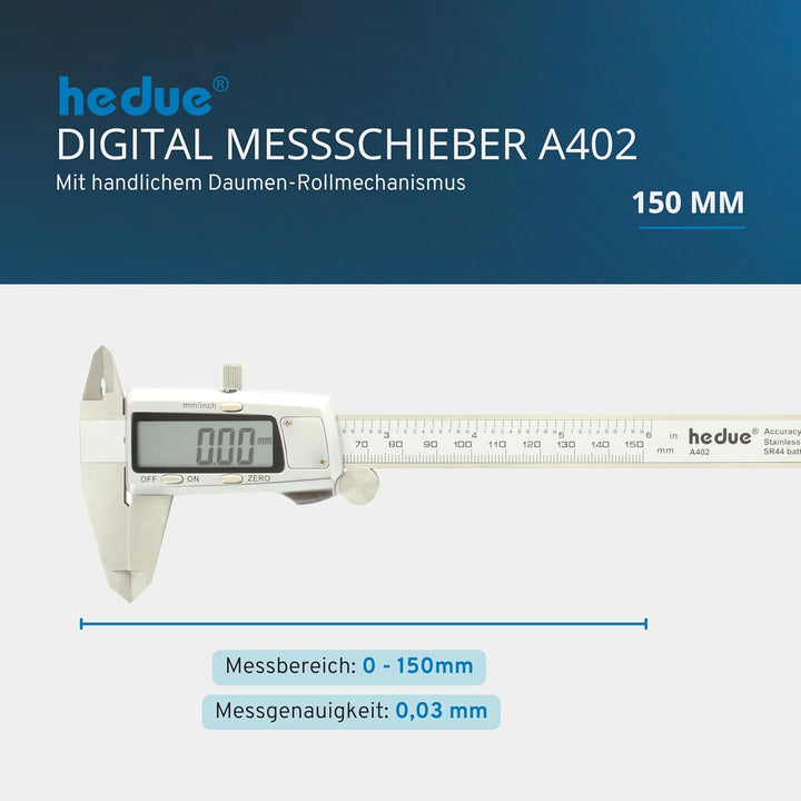 hedue® Digitaler Messschieber 150mm - Schieblehre digital aus Edelstahl, Messlehre in mm/Inch Edelst