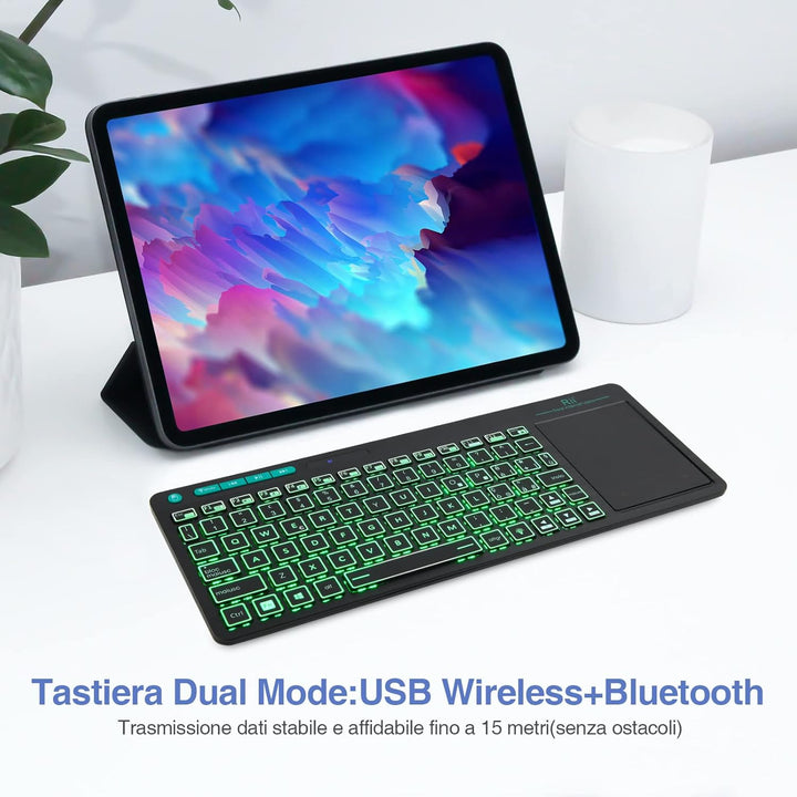 Rii Mini i18S Wireless + Bluetooth Kompakte Tastatur mit grosser Maus Touchpad und LED-Hintergrundbe
