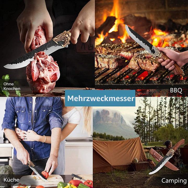 Ausbeinmesser Hackmesser Handgeschmiedet Kochmesser Scharf Fleischermesser mit Lederhülle 7Cr17Mov K