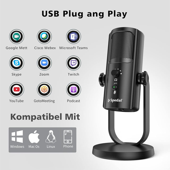 Spedal USB Gaming Mikrofon, 4 Pickup-Patterns Kondensator Mikrofone mit Stummschalttasten eingebaute