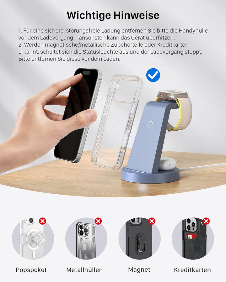 3 in 1 iPhone Ladestation Kabelloses Ladegerät für Apple - Wireless Charger für iPhone 16 15 14 13 1