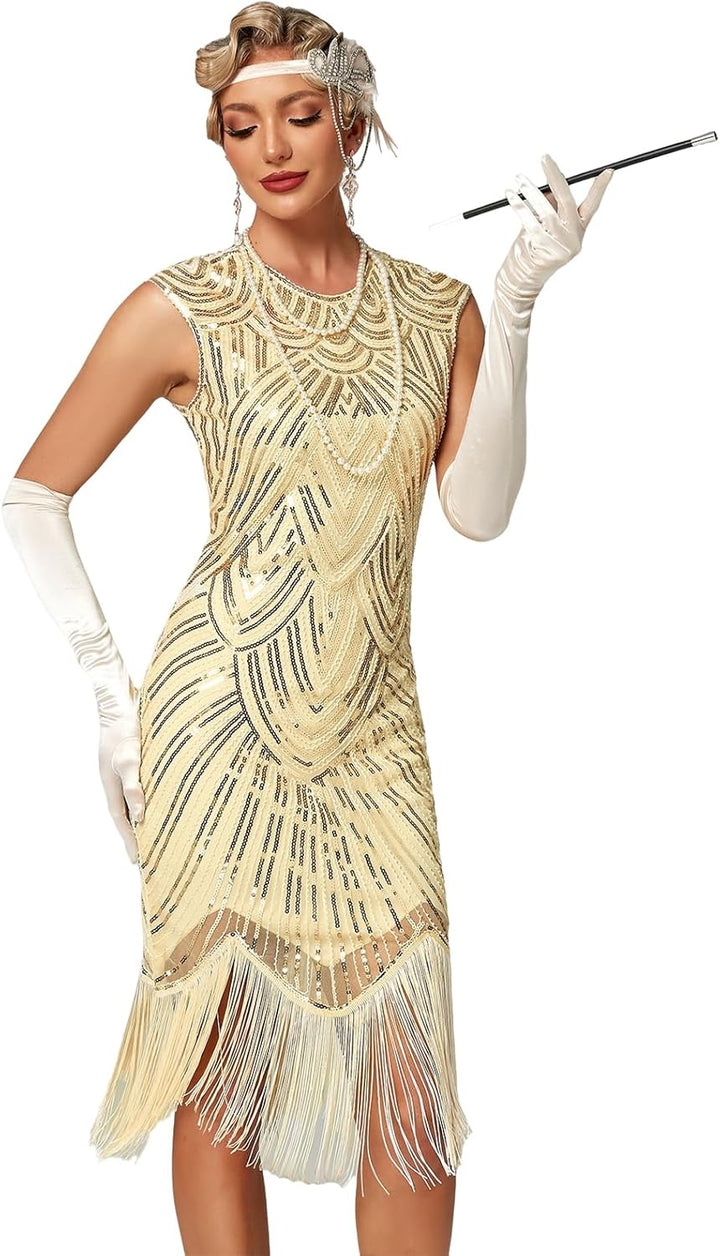 Damen Kleid voller Pailletten 20er Stil Runder Ausschnitt Inspiriert von Great Gatsby Kostüm Kleid,