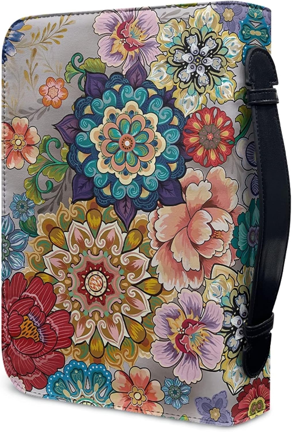 Kuiaobaty Bright Flowers PU Leder Bibeltasche mit Taschen, bunte Blumen-Buchhüllen mit Reissverschlu