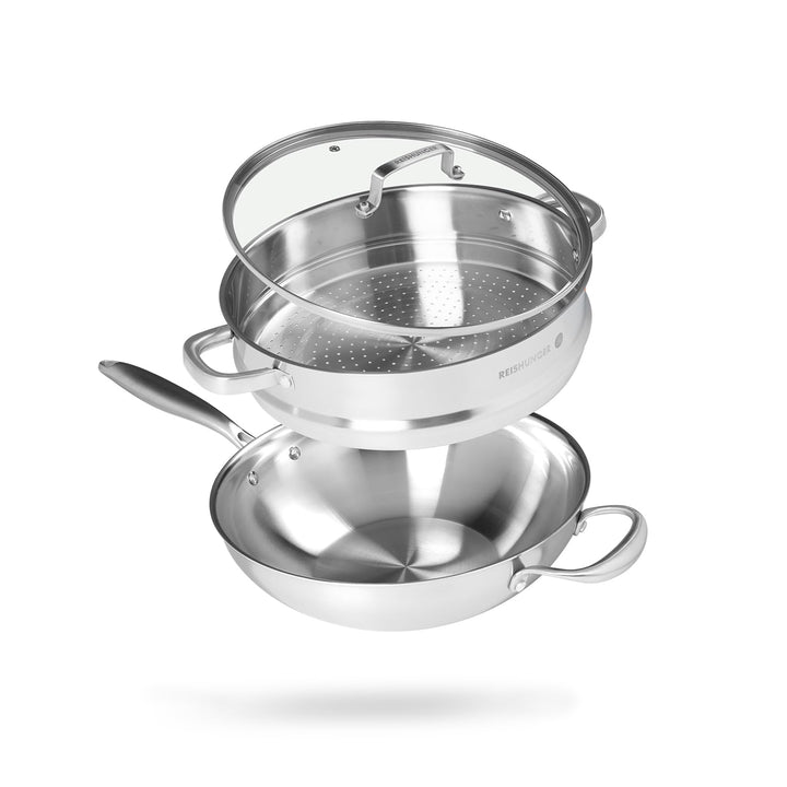 Reishunger Unbeschichteter Edelstahl Wok mit Dämpfeinsatz – 30 cm Durchmesser – mit ofenfestem Decke