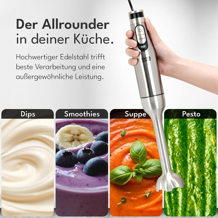 LEBENLANG Premium 1200W Stabmixer Edelstahl - Inkl. 1000ml Messbecher & Spritzschutz I Stufenlos ver