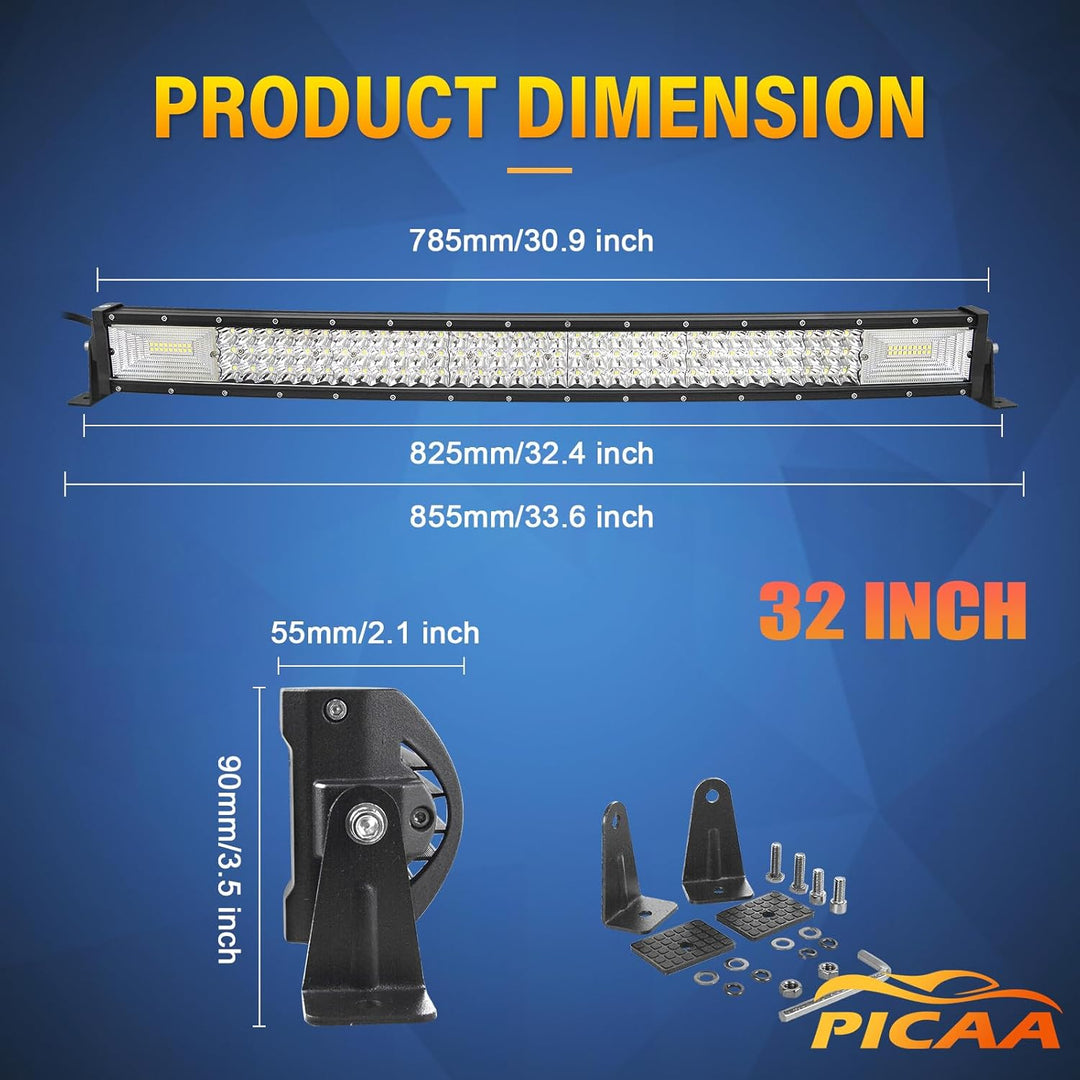 PICAA Gebogen 32 Zoll 405W LED Arbeitsscheinwerfer Bar+Magnetische Halterung+Kabelbaum Kit, Tri-Reih