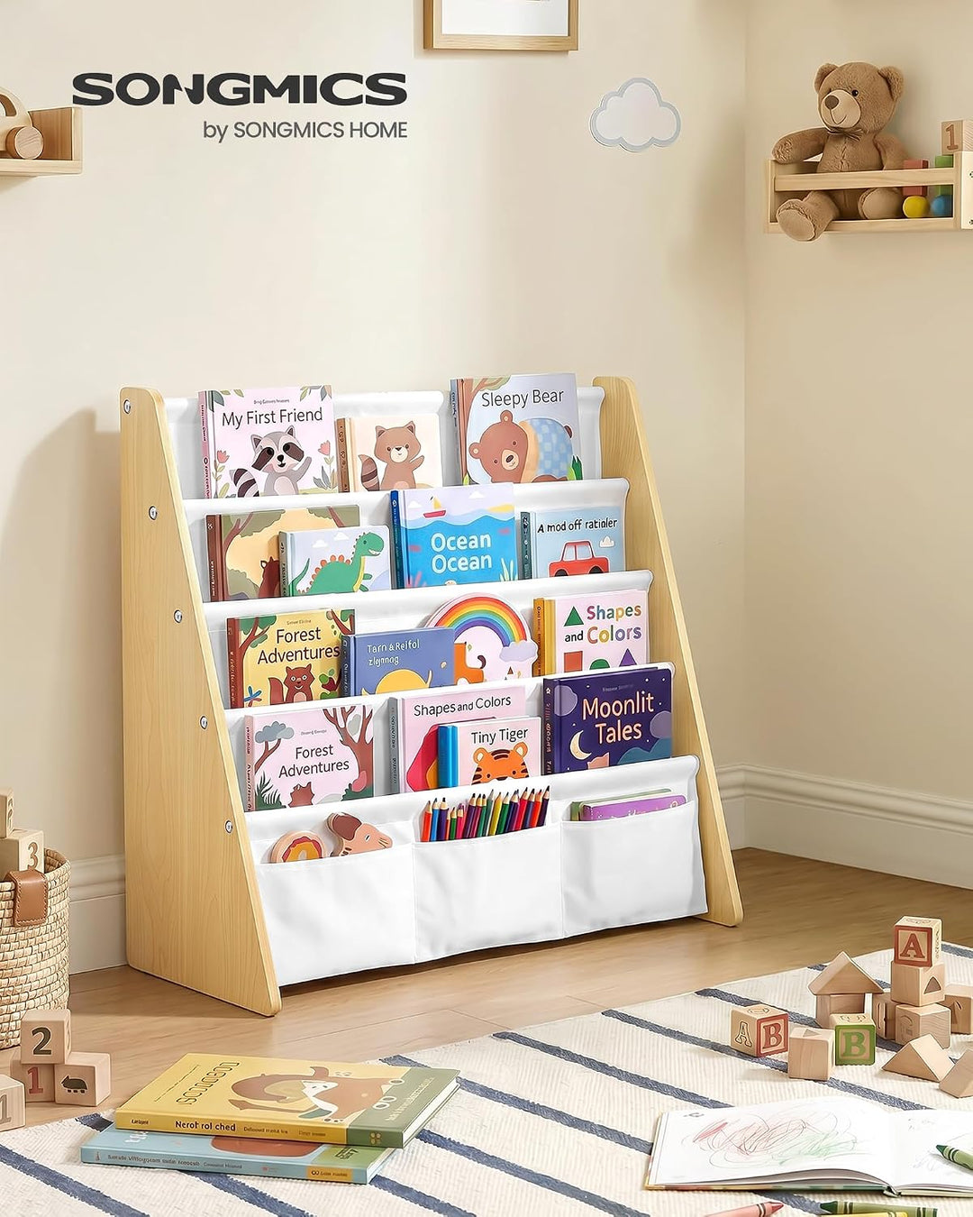 SONGMICS Bücherregal Kinder, mit 4 Ebenen, 62,4 x 25 x 60 cm | Montessori Regal, Stahl, Oxford-Geweb