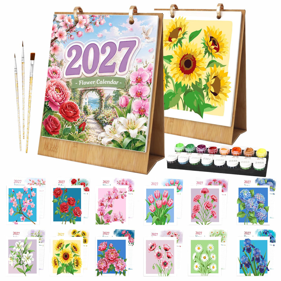 Tischkalender 2027 Malen nach Zahlen DIY Blumen Kalender zum Aufstellen Bastelset für Erwachsene mit