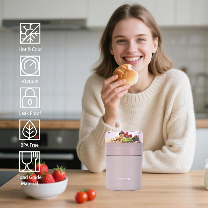 SANTECO Müslibecher to go 500ml+220ml Thermobehälter für Essen mit Löffel Hält 12 Stunden Warm, Spül
