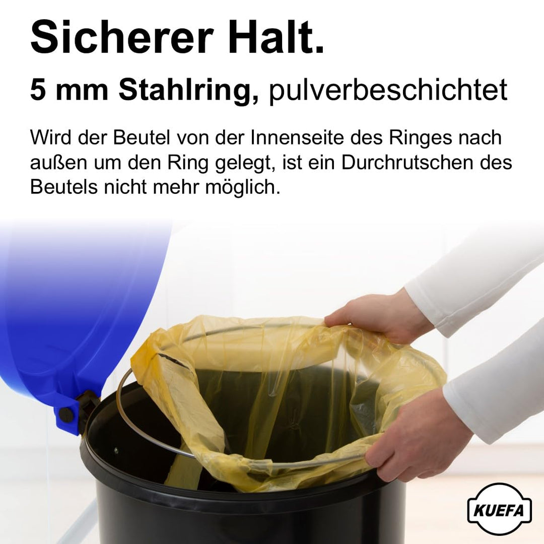 KUEFA HD 60L Müllsackständer, Mülleimer mit Scharnierdeckel und Klemm-Ring Gelber Sack, stabil, stra
