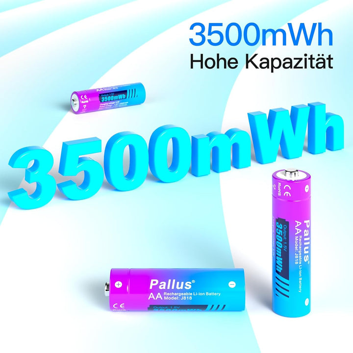 Pallus 1,5V Wiederaufladbarer AA Lithium Akku, 8 Stück 1,5 V AA Akku mit 2-Stunden-Ultra-Schnelllade