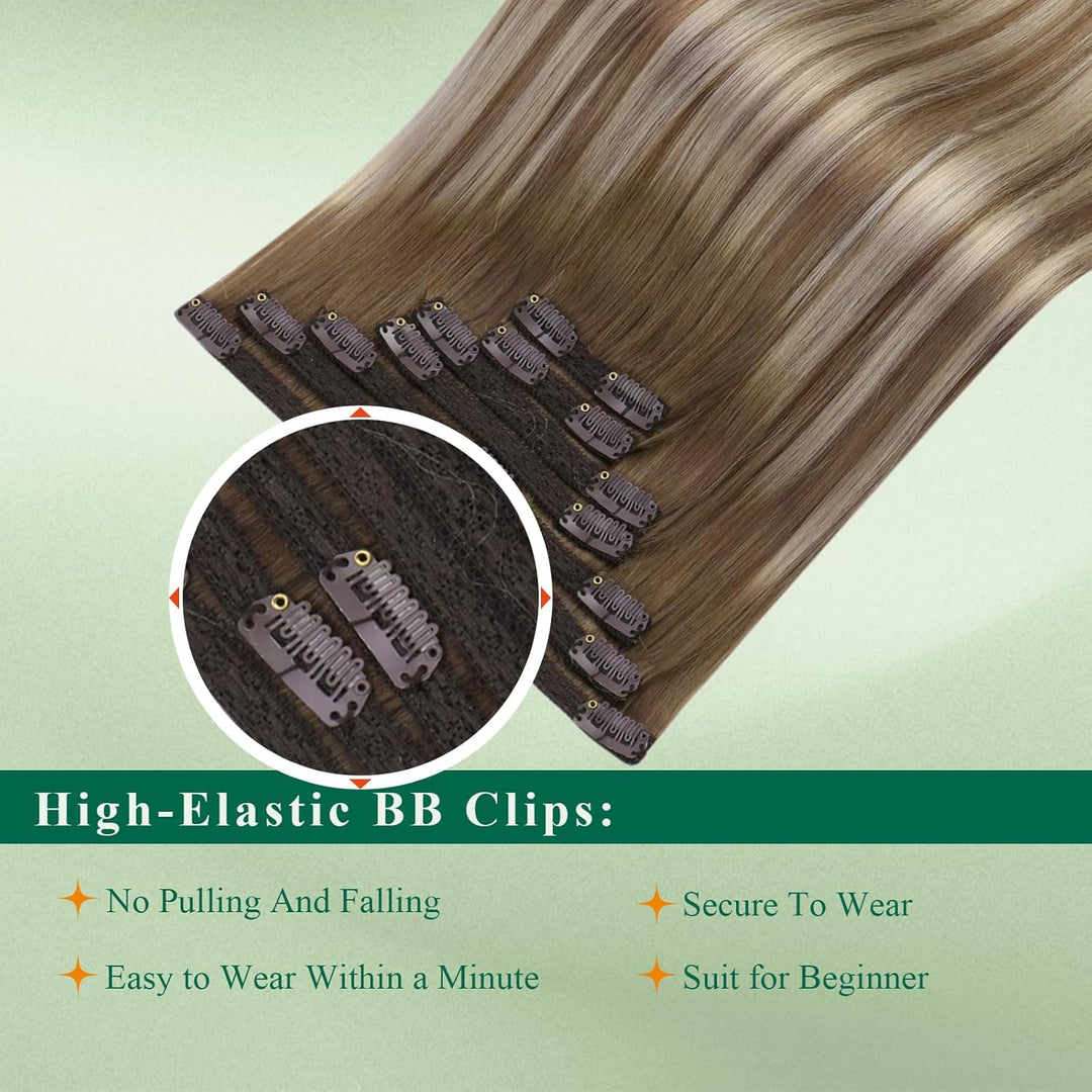 Easyouth Clip Extension Echthaar Doppelt Tressen Clip Extensions 20 Zoll 100g 7Pcs Farbe Mittelbraun