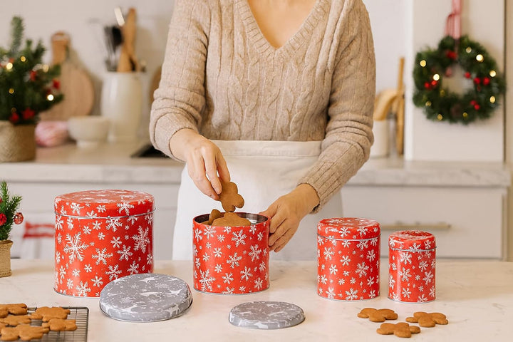 Brandsseller 4er-Set Weihnachtsdosen rund aus Metall – Plätzchendosen für Kekse, Gebäck &amp; Geschenke