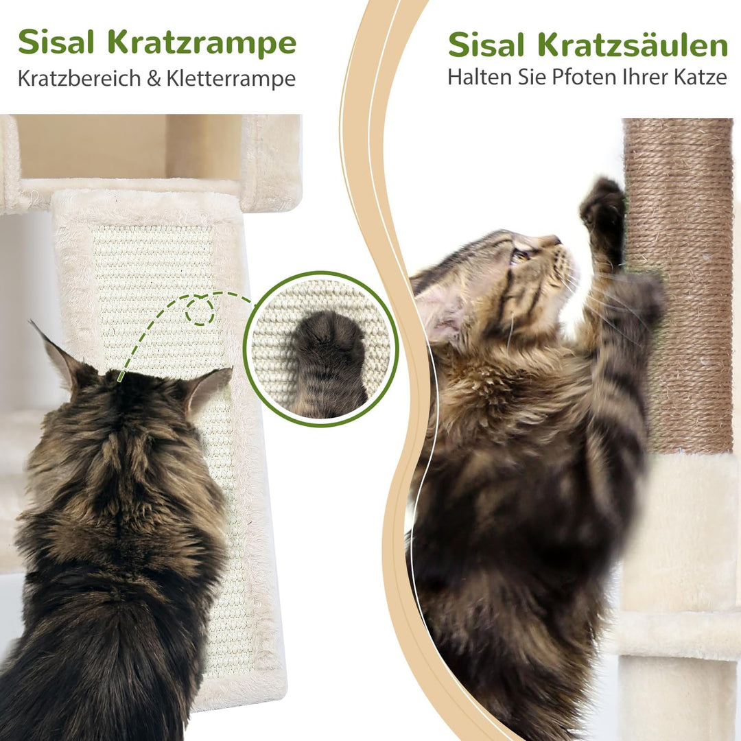 Globlazer Kratzbaum Beige Grosse hoch 178 cm mit Grosser Hängematte 43 * 36CM, 2 Katzenhaus, Gepolst