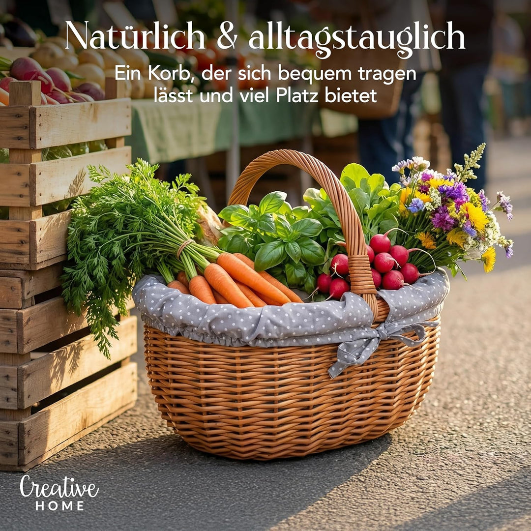 Creative Home Grosser Picknickkorb mit Stoffeinlage Grau mit Pünktchen Weidenkorb mit Henkel | Einka