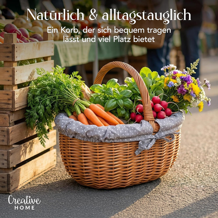 Creative Home Grosser Picknickkorb mit Stoffeinlage Grau mit Pünktchen Weidenkorb mit Henkel | Einka