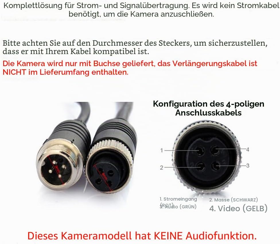 Rückfahrkamera Camecho IR Nachtsicht wasserdichte Rückfahrkamera + 10 Mt 4 Pins Kabel Kit für Auto B