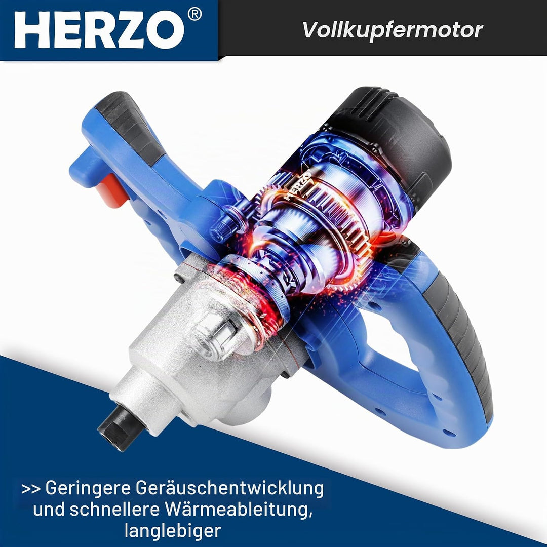 HERZO Rührwerk 1300W,Metallgetriebe,Rühreraufnahme M14, Rührer ø 120 mm für Mischgut Beton, Mörtel,