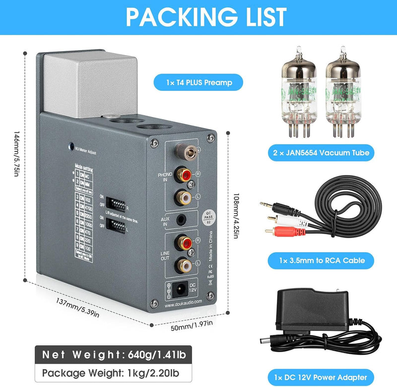 Douk Audio T4 Plus HiFi JAN5654 Röhrenvorverstärker MM/MC Phono-Vorverstärker für Plattenspieler Min
