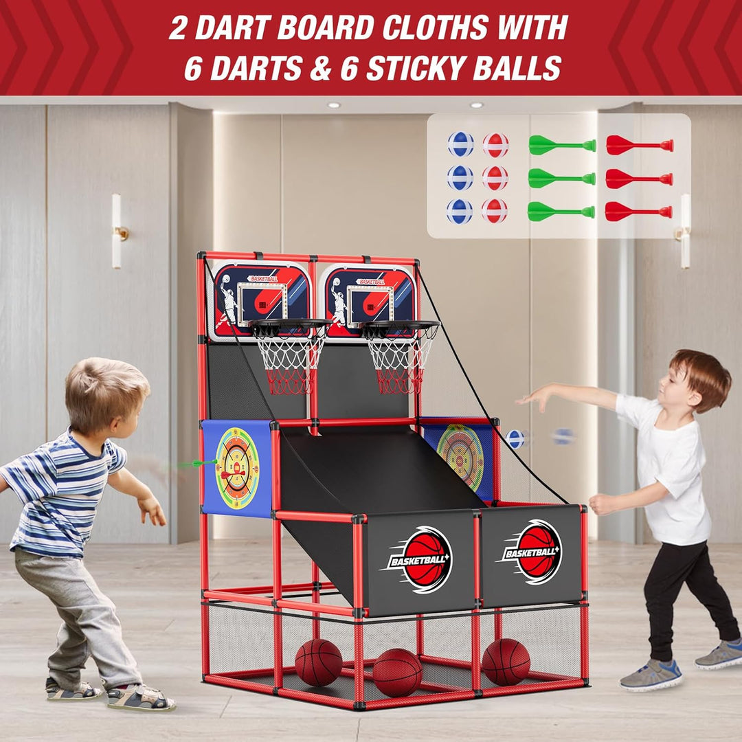 HYES 3 in 1 Dual Shot Basketball Arcade Spiel mit 2 Dart Boards/Elektronische Anzeigetafel/LED Licht