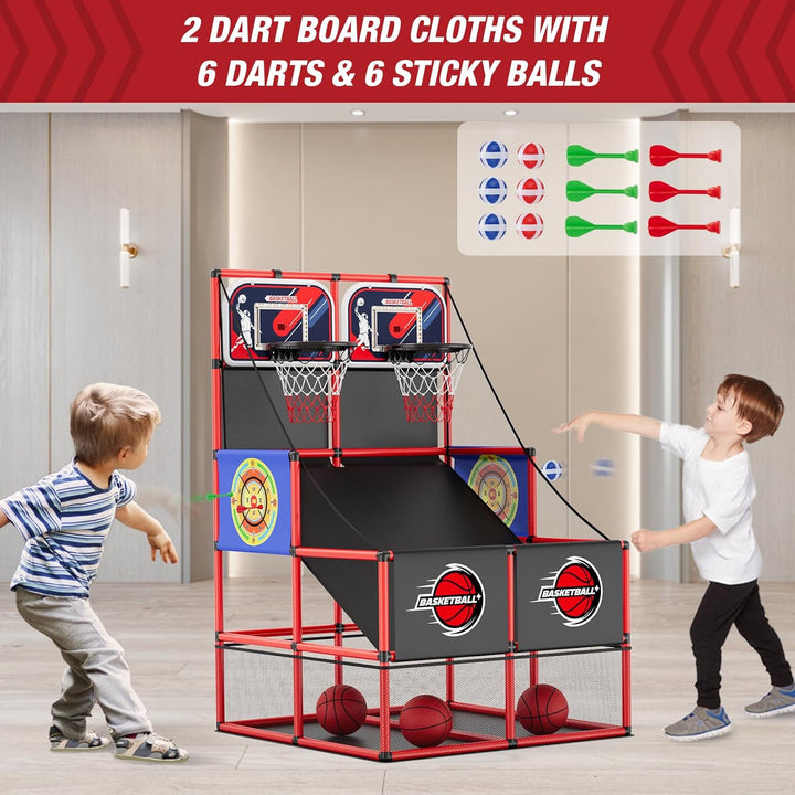 HYES 3 in 1 Dual Shot Basketball Arcade Spiel mit 2 Dart Boards/Elektronische Anzeigetafel/LED Licht