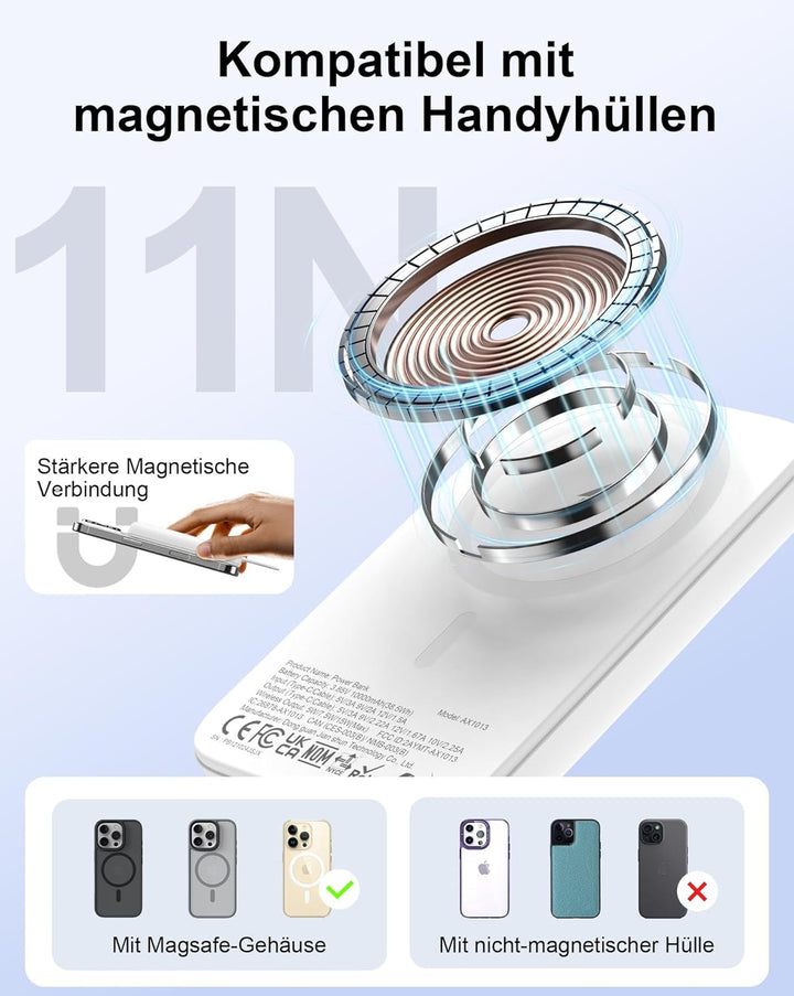 AsperX PD 22.5W 10000mAh Magnetische Powerbank für MagSafe | Mit USB-C Kabel,LED-Display,Portable Sl