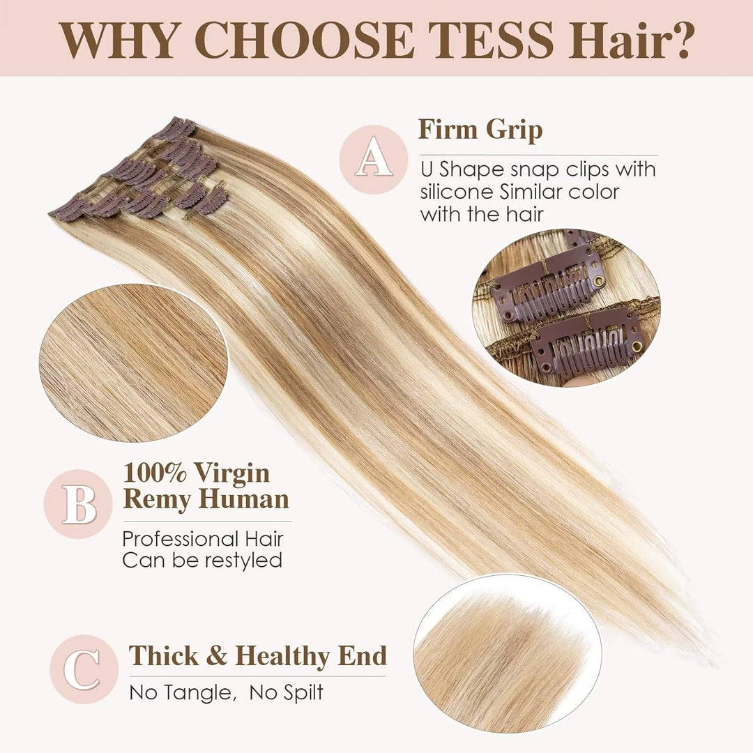 TESS Clip in Extensions Echthaar, 8pcs Clip in Haarverlängerung Remy Echt Haare Natürliche 18 Clips