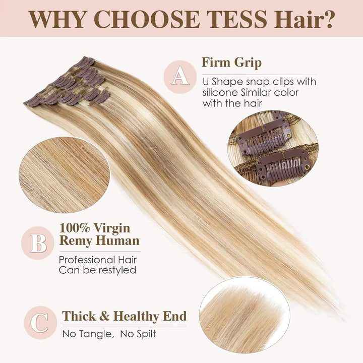 TESS Clip in Extensions Echthaar, 8pcs Clip in Haarverlängerung Remy Echt Haare Natürliche 18 Clips