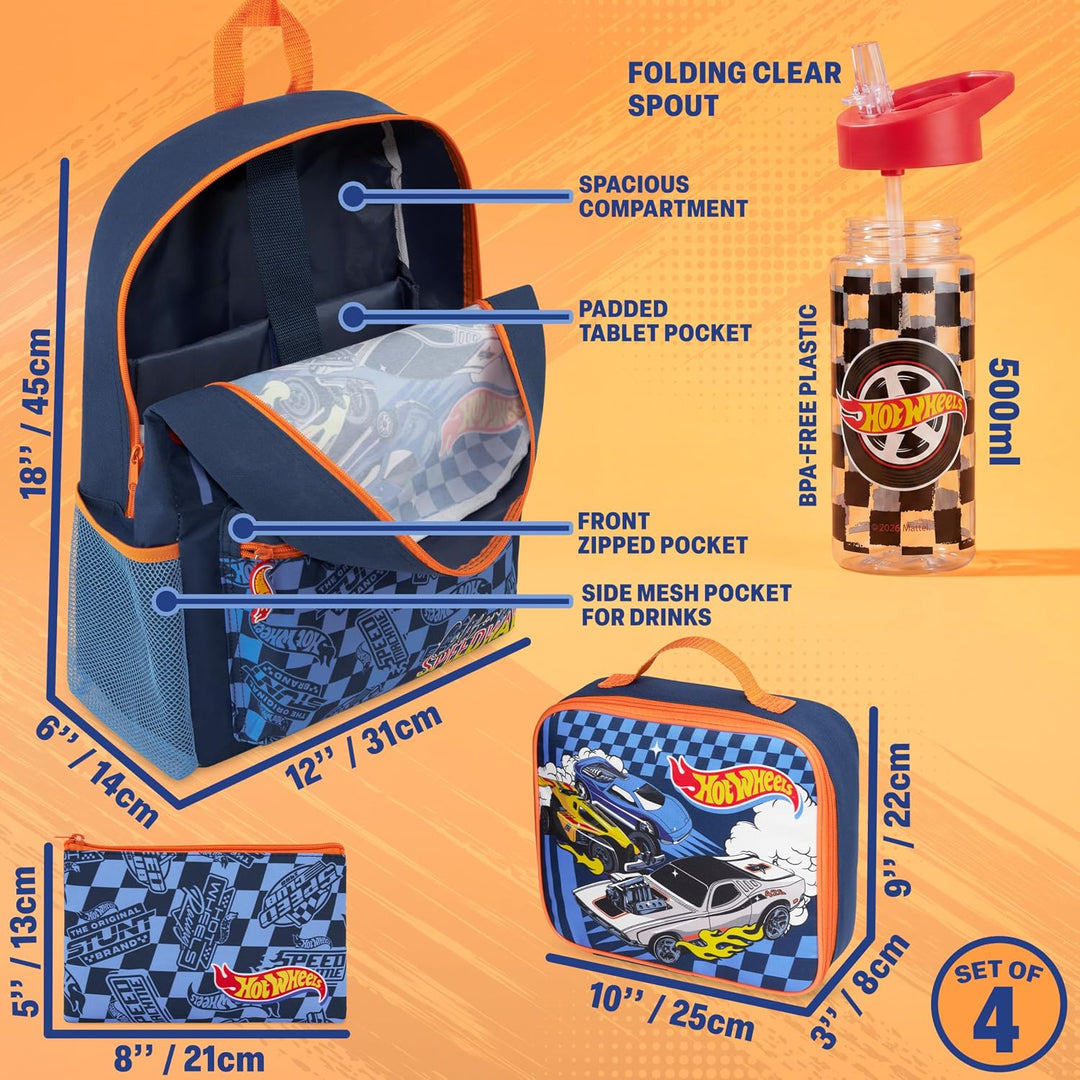 Get Trend Hot Wheels Grosser Rucksack Kinder 4er Set, 46 cm Kinderrucksack, Trinkflasche 500ml, Fede