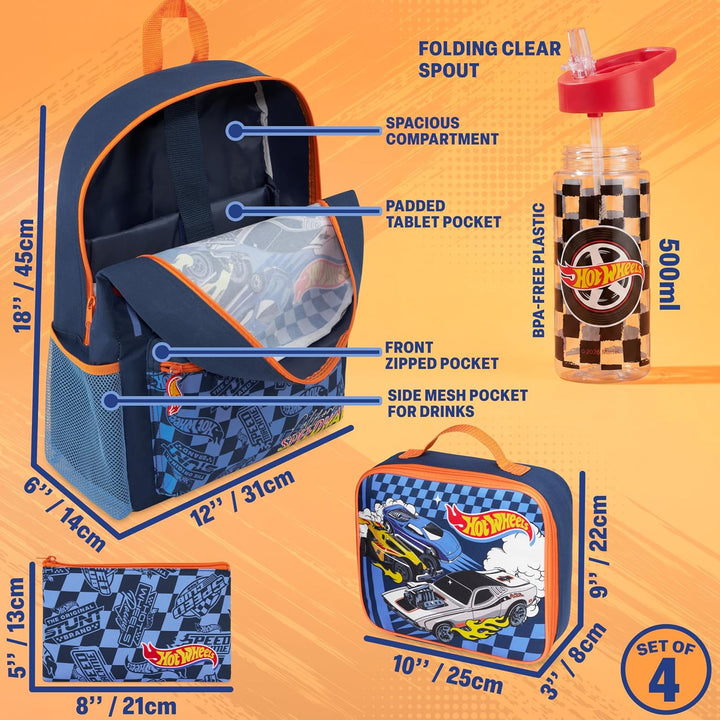 Get Trend Hot Wheels Grosser Rucksack Kinder 4er Set, 46 cm Kinderrucksack, Trinkflasche 500ml, Fede