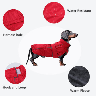 MOREZI Dachshund Regenmantel, wasserdichte Aussenschicht, Fleecefutter, reflektierende Besätze, Vers