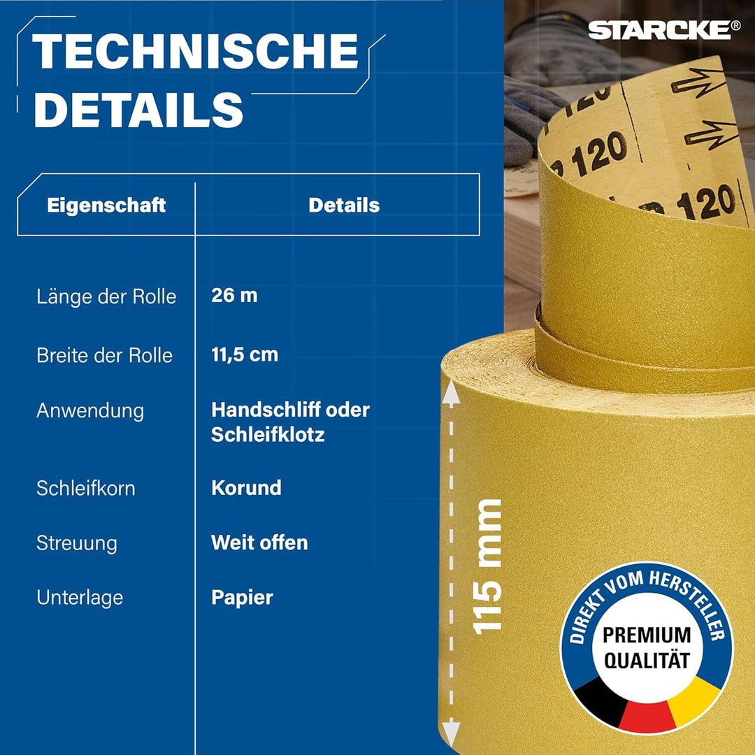 STARCKE® Schleifpapier Rolle [26m Rolle] - MADE IN GERMANY - Schleifrolle Set mit Stearatbeschichtun